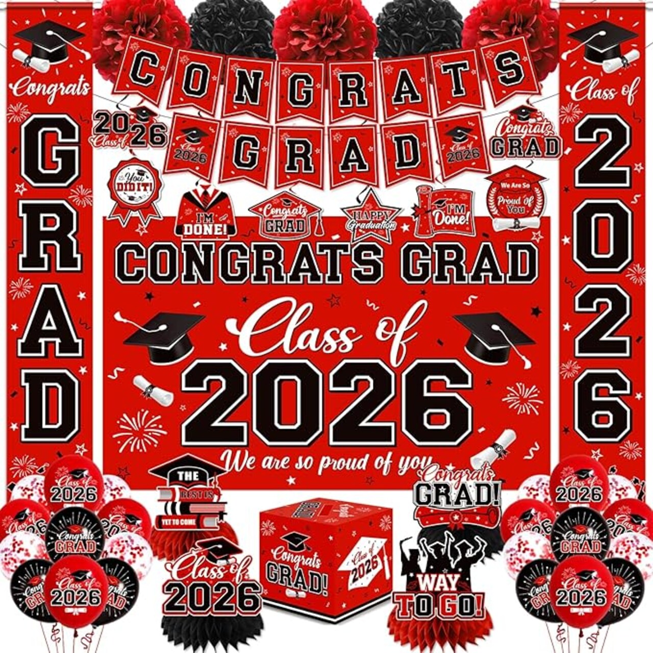 Class of 2026 Graduation Decorations Kit - Bold Red and Black Congrats Grad Banner Set with Backdrop, Card Box, Honeycomb Centerpieces, and Balloons - Complete Party Supplies for High School and College